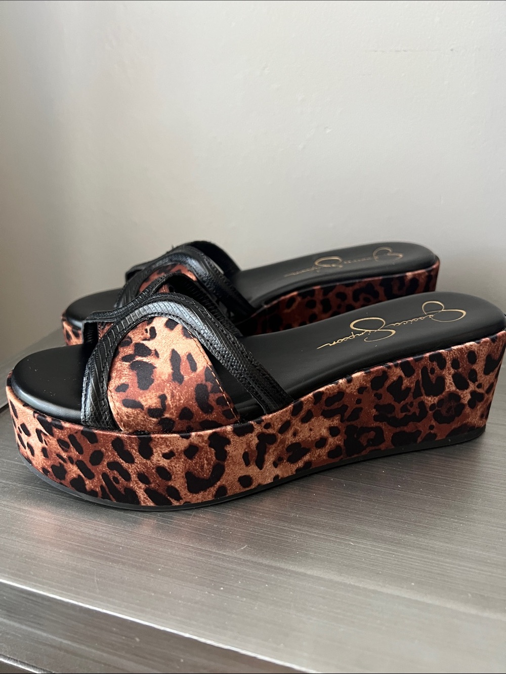Jessica Simpson Leopard print platform wedges. Size 6.5